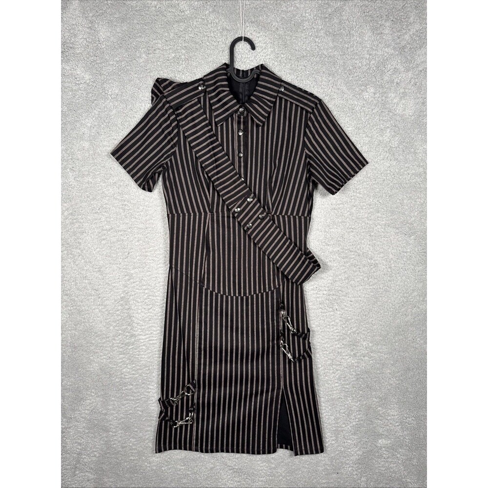 VINTAGE Y2K 90s Lip Service BLACK Pinstripe BONDAGE DRESS Size M Goth Punk Rare
